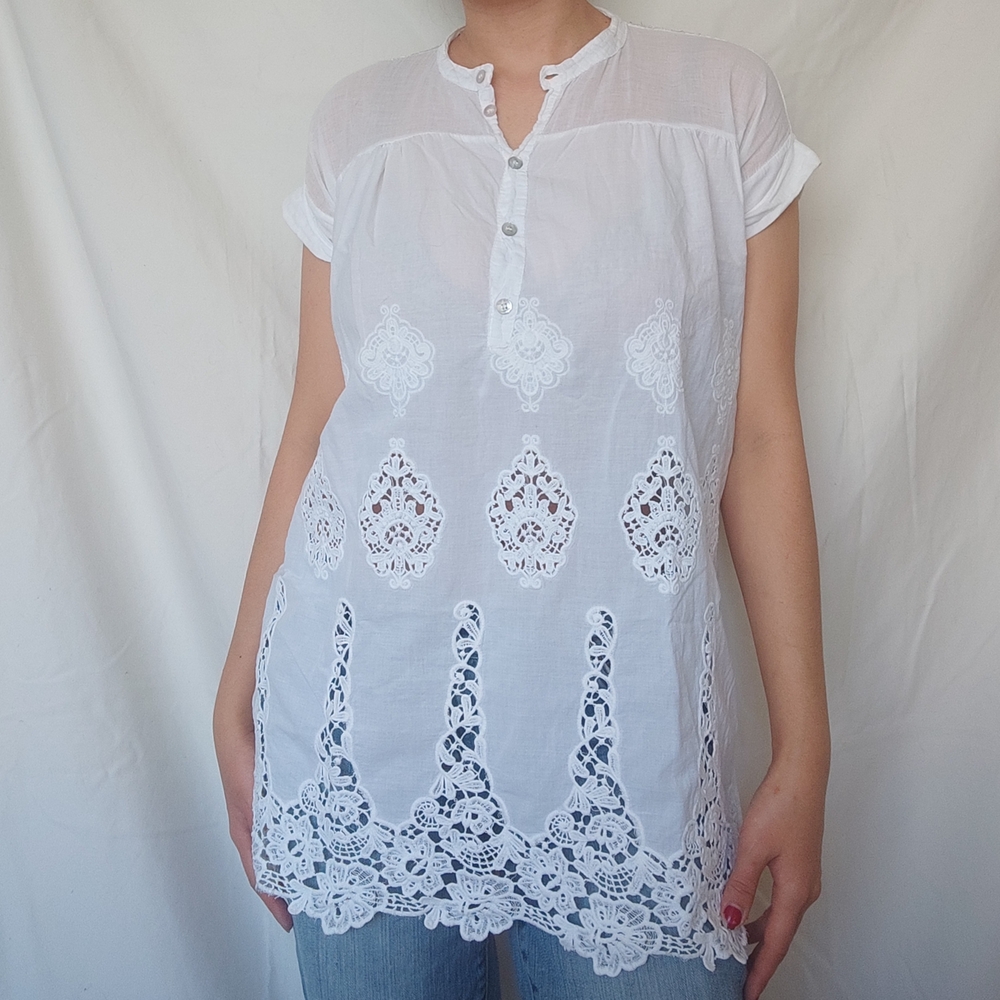 White Short Sleeved Blouse with Lace Detail and Open Back